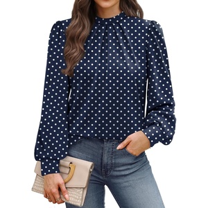 WIHOLL Long Sleeve Shirts for Women Mock Neck Tops Pleated Front Blouses Dressy Casual Spring Fall Clothes 2026 Fashion(05 – Navy Blue Polka Dot)