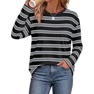 WIHOLL Long Sleeve Shirts for Women Stripe Tops Loose Oversized Fall Outfit(Black White Blue)