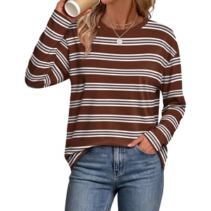 WIHOLL Long Sleeve Shirts for Women Stripe Tops Loose Oversized Fall Outfit(Brown White Blue)