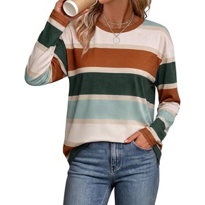 WIHOLL Long Sleeve Shirts for Women Stripe Tops Loose Oversized Fall Outfit(Caramel Green)