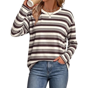 WIHOLL Long Sleeve Shirts for Women Stripe Tops Loose Oversized Fall Outfit(Coffe White Apricot)