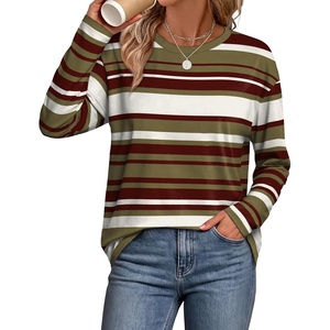 WIHOLL Long Sleeve Shirts for Women Stripe Tops Loose Oversized Fall Outfit(Green Brown)