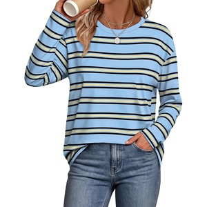 WIHOLL Long Sleeve Shirts for Women Stripe Tops Loose Oversized Fall Outfit(Light Blue Black)