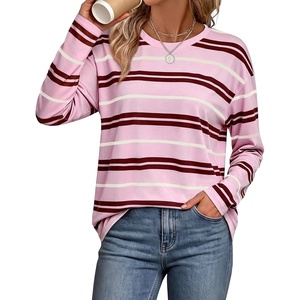 WIHOLL Long Sleeve Shirts for Women Stripe Tops Loose Oversized Fall Outfit(Pink White Brown)