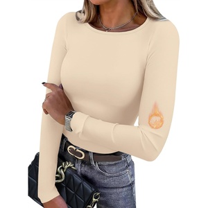 WIHOLL Long Sleeve Thermal Shirt for Women Light Fleece Tops Fall 2026 Crew Neck Casual Basic T-Shirts(C-beige)
