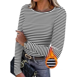 WIHOLL Long Sleeve Thermal Shirt for Women Light Fleece Tops Fall 2026 Crew Neck Casual Basic T-Shirts(Stripe Black)