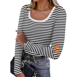 WIHOLL Long Sleeve Thermal Shirts for Women Fall Tops(Black Striped)