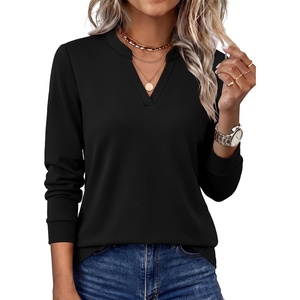 WIHOLL V Neck Business Casual Tops Fall Blouses Trendy Long Sleeve Shirts(Black)