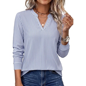 WIHOLL V Neck Business Casual Tops Fall Blouses Trendy Long Sleeve Shirts(Blue White Stripe)