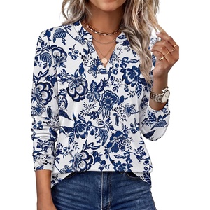 WIHOLL V Neck Business Casual Tops Fall Blouses Trendy Long Sleeve Shirts(Boho Blue Floral Print)