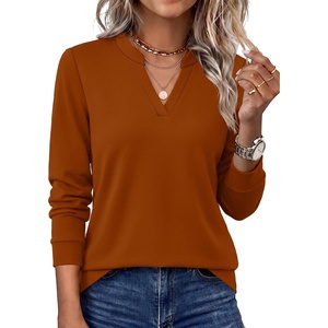 WIHOLL V Neck Business Casual Tops Fall Blouses Trendy Long Sleeve Shirts(Caramel)