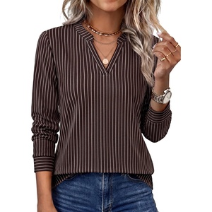 WIHOLL V Neck Business Casual Tops Fall Blouses Trendy Long Sleeve Shirts(Dark Brown Stripe)