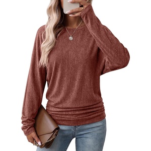 WIHOLL Womens Long Sleeve Shirts Ruched Hem Fall Tops Lightweight Sweaters(Caramel)
