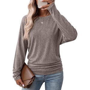 WIHOLL Womens Long Sleeve Shirts Ruched Hem Fall Tops Lightweight Sweaters(Light Coffee)