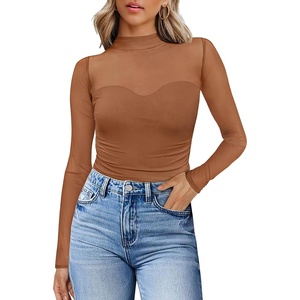 Womens Sexy Mesh Long Sleeve Shirts Fashion Clothing Turtle Necks Sheer Ruched Going Out Tops Fall Outfits Slim Fit Blouses(P-brown)