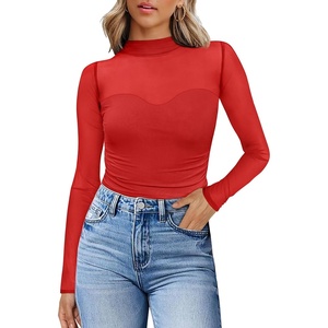 Womens Sexy Mesh Long Sleeve Shirts Fashion Clothing Turtle Necks Sheer Ruched Going Out Tops Fall Outfits Slim Fit Blouses(P-red)