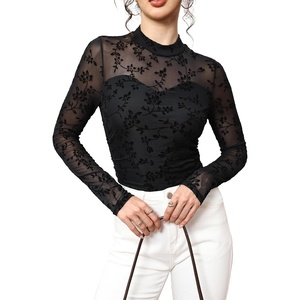 Womens Sexy Mesh Long Sleeve Shirts Fashion Clothing Turtle Necks Sheer Ruched Going Out Tops Fall Outfits Slim Fit Blouses(Print-1)