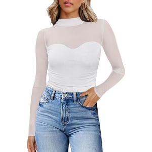 Womens Sexy Mesh Long Sleeve Shirts Fashion Clothing Turtle Necks Sheer Ruched Going Out Tops Fall Outfits Slim Fit Blouses(P-white)