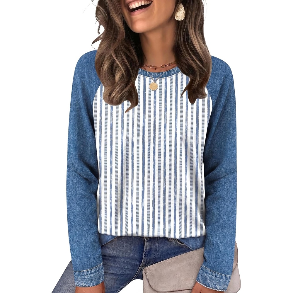 image:imageWIHOLL Womens Long Sleeve Tops Fall Outfits Tshirts Shirts Blue Stripes 2XL