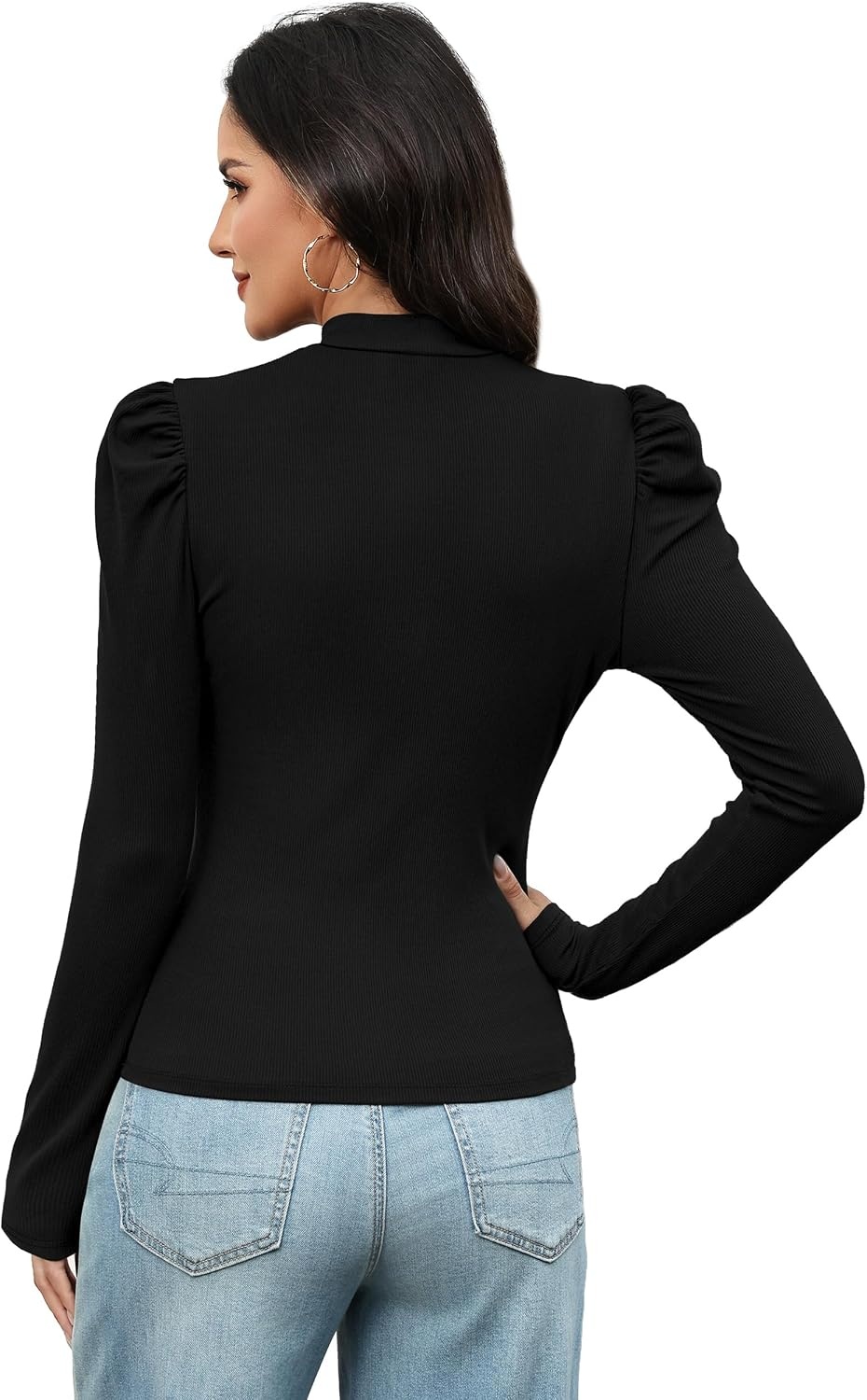 image:imageWIHOLL Long Sleeve Shirt for Women Puff Sleeve Knit Tops Casual 2026Black