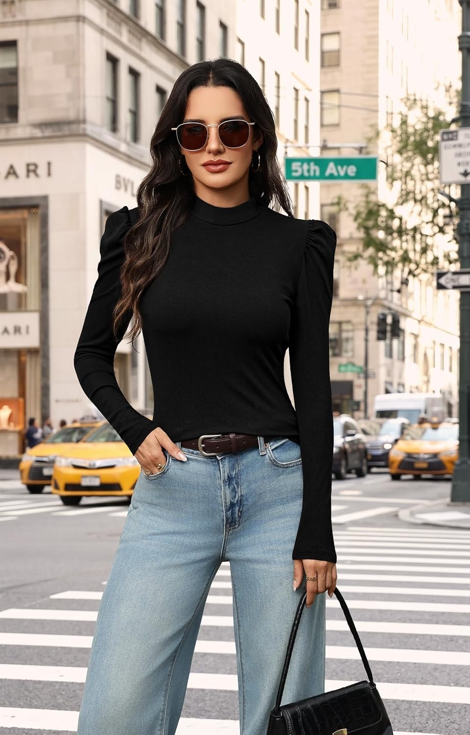 image:imageWIHOLL Long Sleeve Shirt for Women Puff Sleeve Knit Tops Casual 2026Black