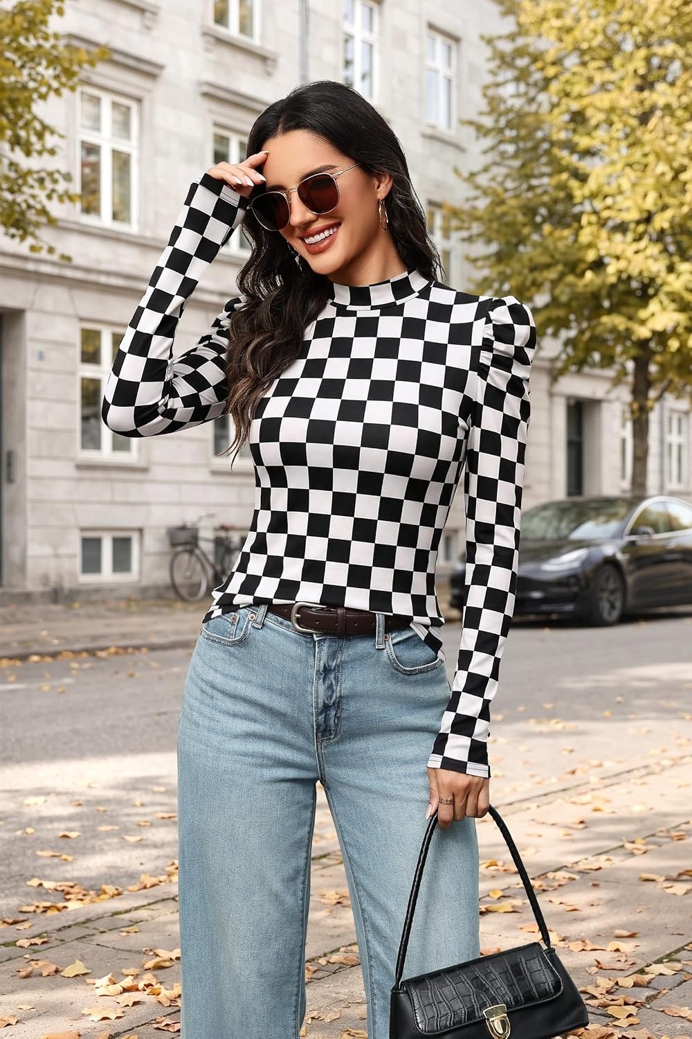 image:imageWIHOLL Long Sleeve Shirt for Women Puff Sleeve Knit Tops Casual 2026Black and White Check