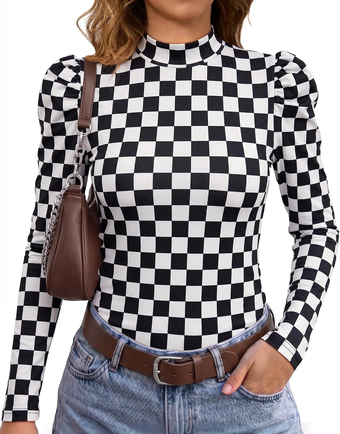 image:imageWIHOLL Long Sleeve Shirt for Women Puff Sleeve Knit Tops Casual 2026Black and White Check