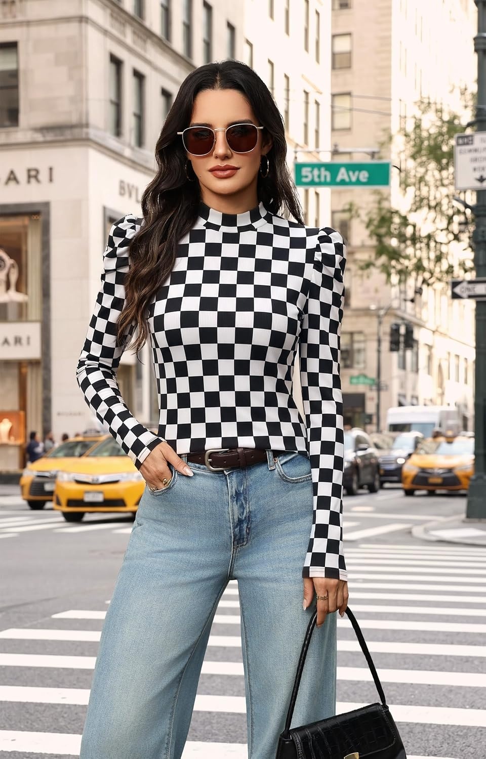 image:imageWIHOLL Long Sleeve Shirt for Women Puff Sleeve Knit Tops Casual 2026Black and White Check