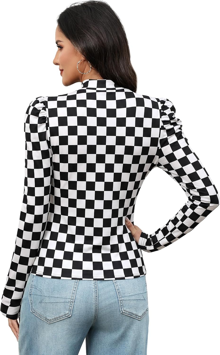 image:imageWIHOLL Long Sleeve Shirt for Women Puff Sleeve Knit Tops Casual 2026Black and White Check