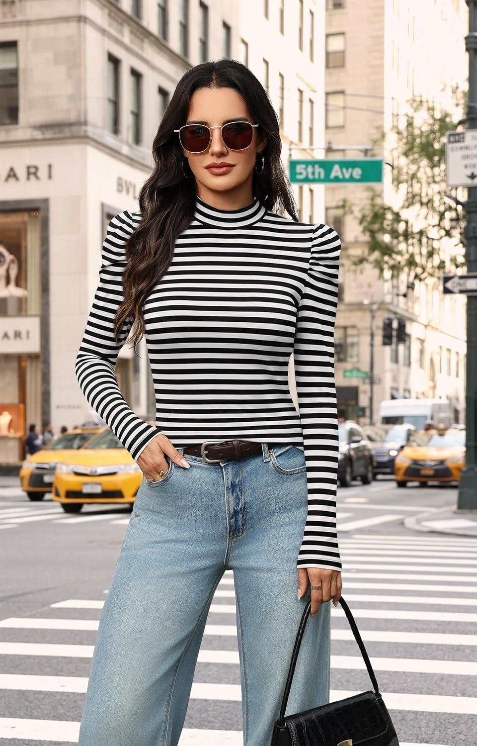 image:imageWIHOLL Long Sleeve Shirt for Women Puff Sleeve Knit Tops Casual 2026Black and White Stripes