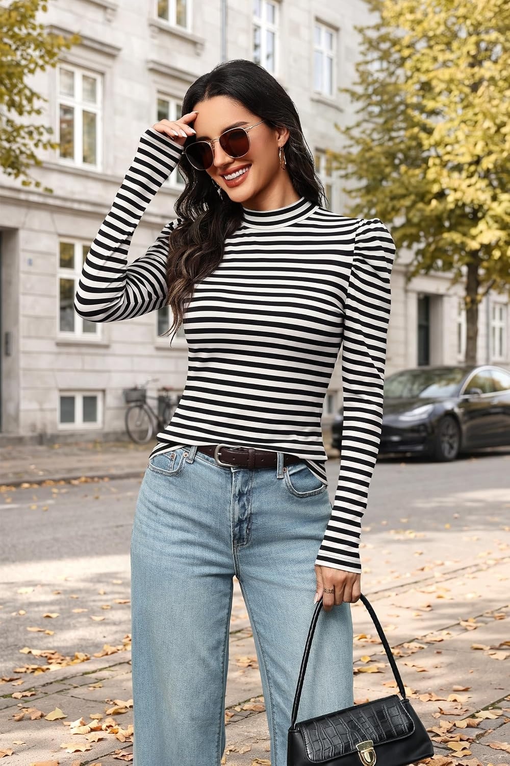 image:imageWIHOLL Long Sleeve Shirt for Women Puff Sleeve Knit Tops Casual 2026Black and White Stripes