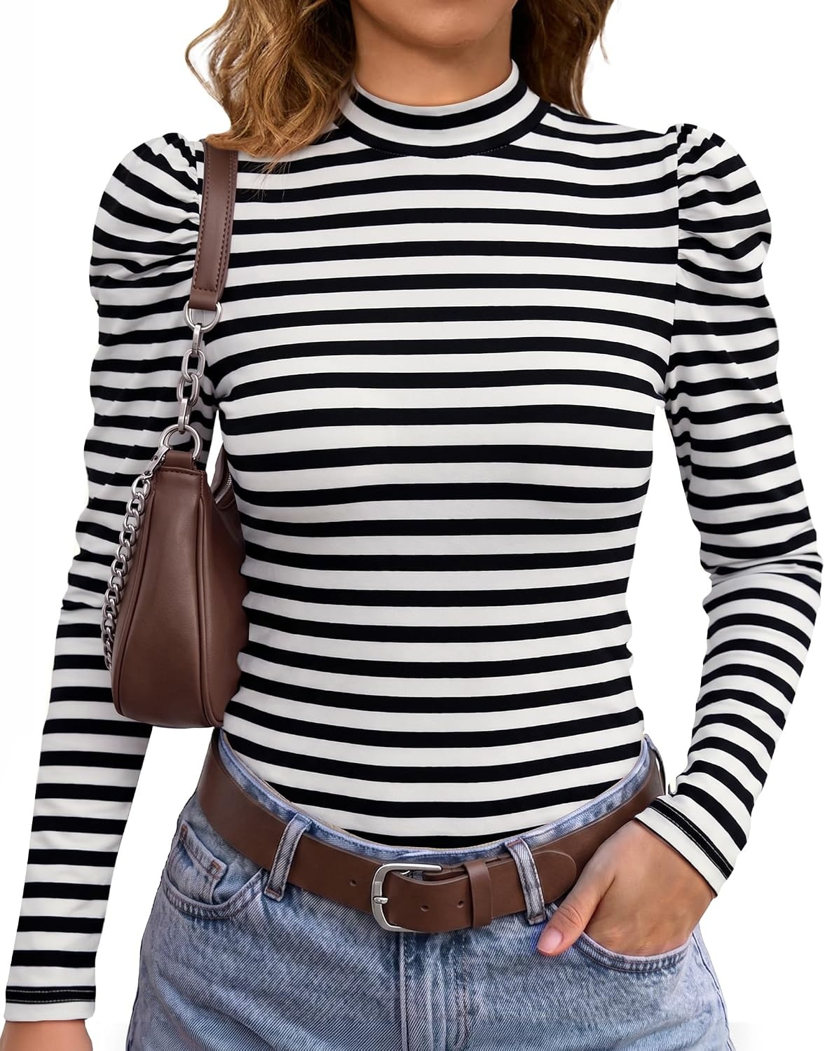 image:imageWIHOLL Long Sleeve Shirt for Women Puff Sleeve Knit Tops Casual 2026Black and White Stripes