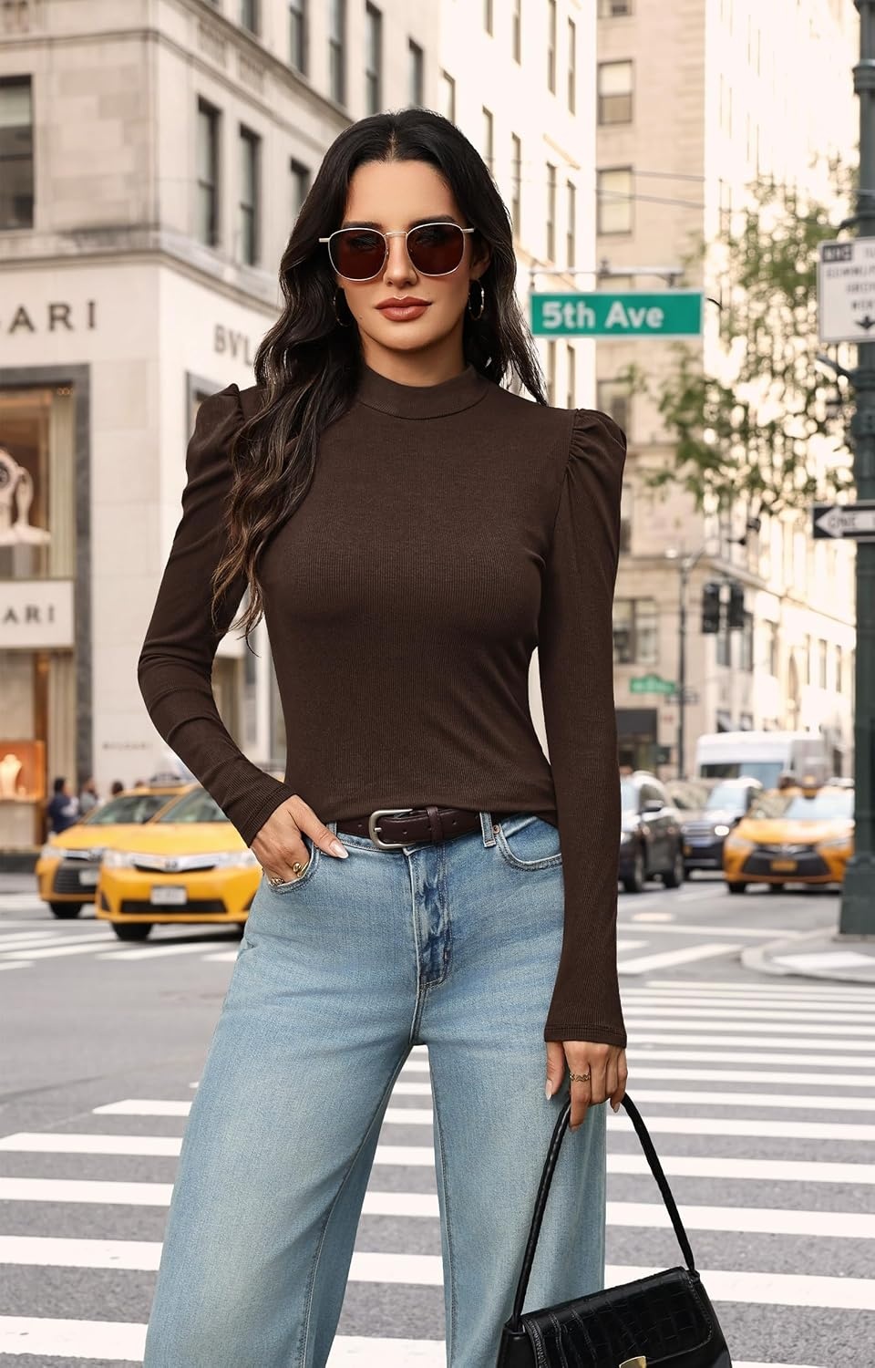 image:imageWIHOLL Long Sleeve Shirt for Women Puff Sleeve Knit Tops Casual 2026Brown