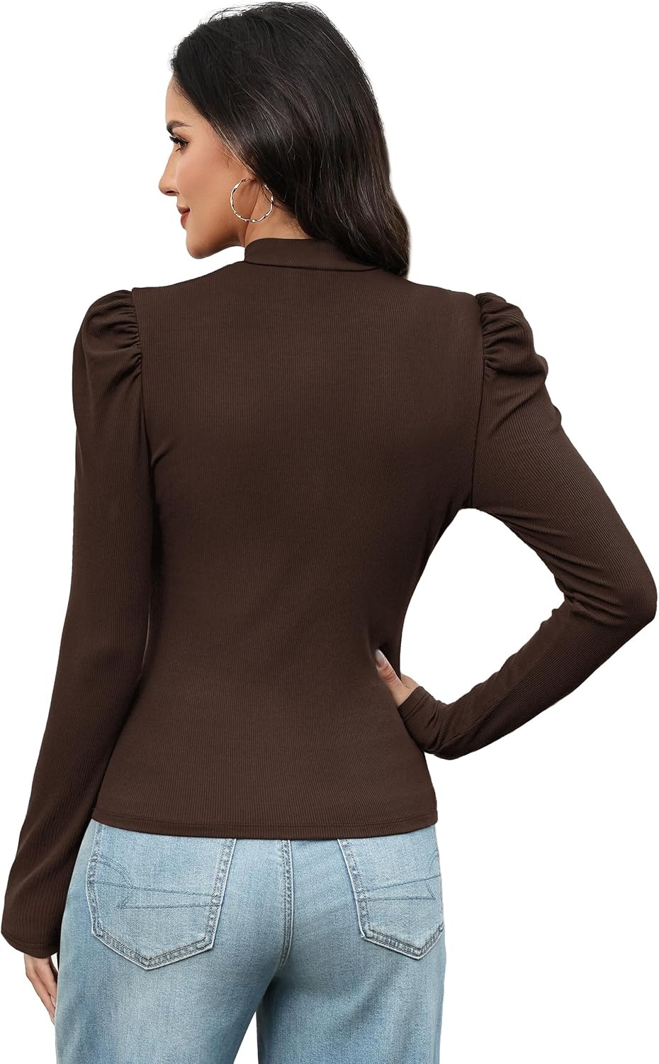 image:imageWIHOLL Long Sleeve Shirt for Women Puff Sleeve Knit Tops Casual 2026Brown