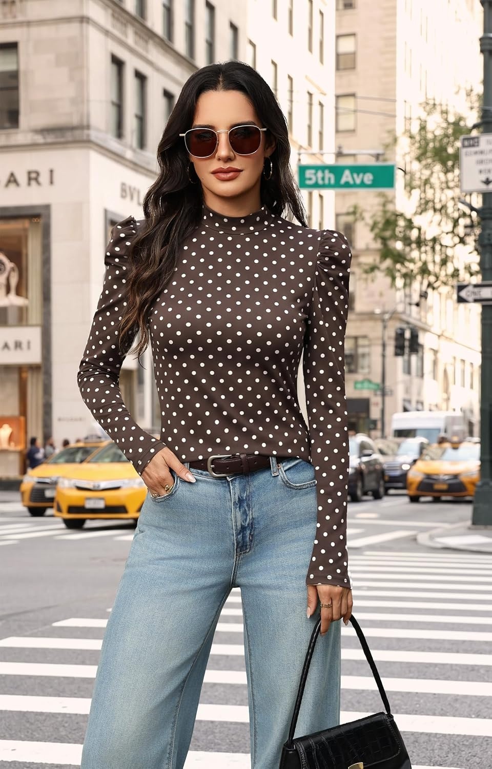 image:imageWIHOLL Long Sleeve Shirt for Women Puff Sleeve Knit Tops Casual 2026Brown Polka Dots