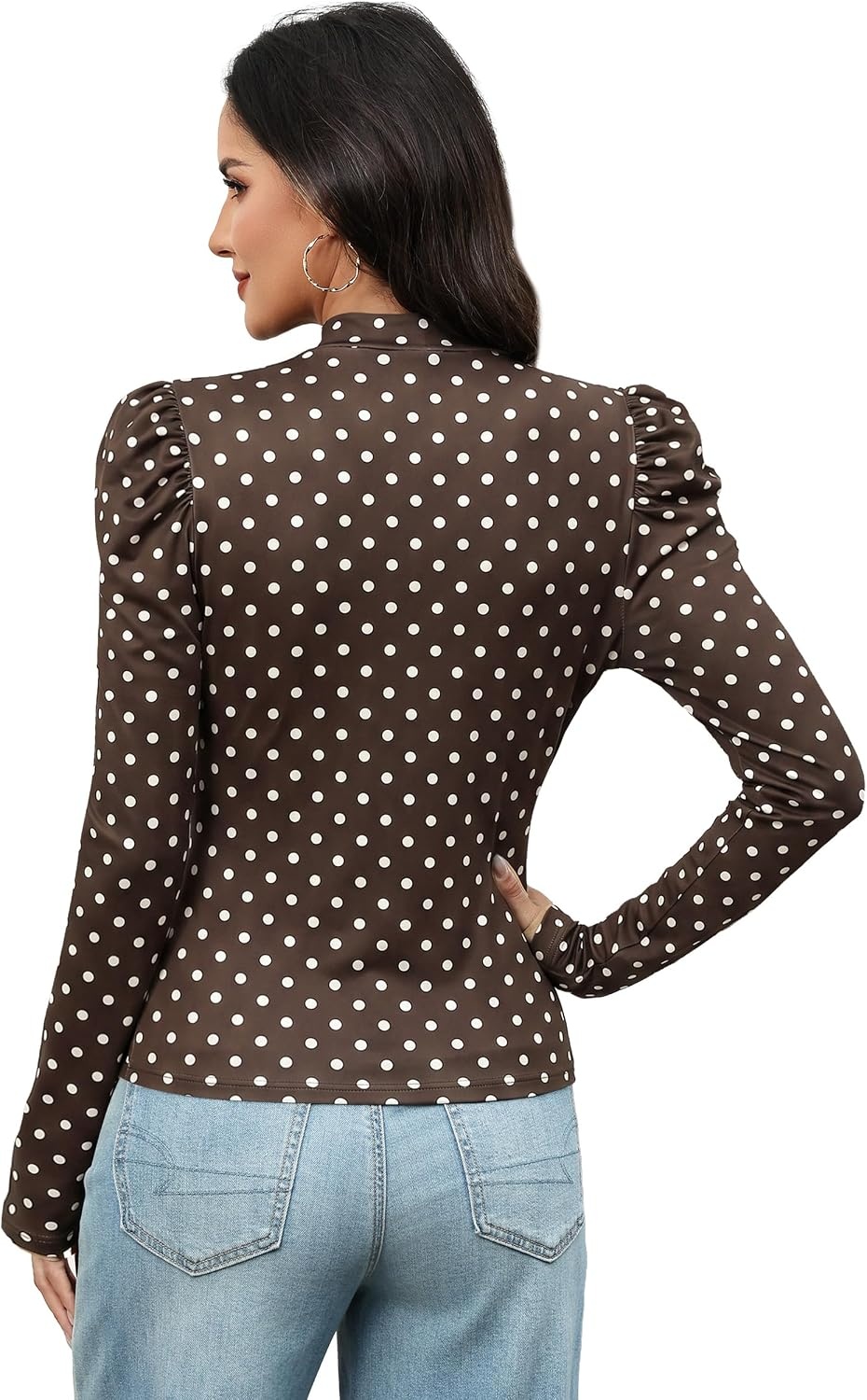 image:imageWIHOLL Long Sleeve Shirt for Women Puff Sleeve Knit Tops Casual 2026Brown Polka Dots