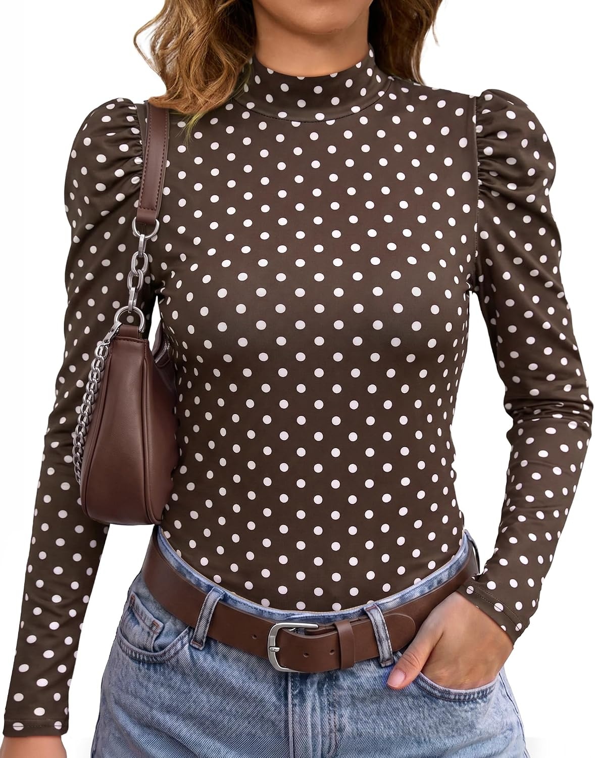 image:imageWIHOLL Long Sleeve Shirt for Women Puff Sleeve Knit Tops Casual 2026Brown Polka Dots