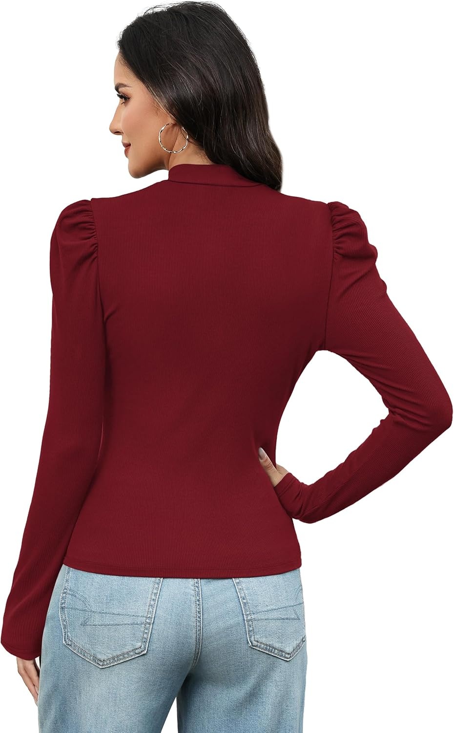 image:imageWIHOLL Long Sleeve Shirt for Women Puff Sleeve Knit Tops Casual 2026Burgundy
