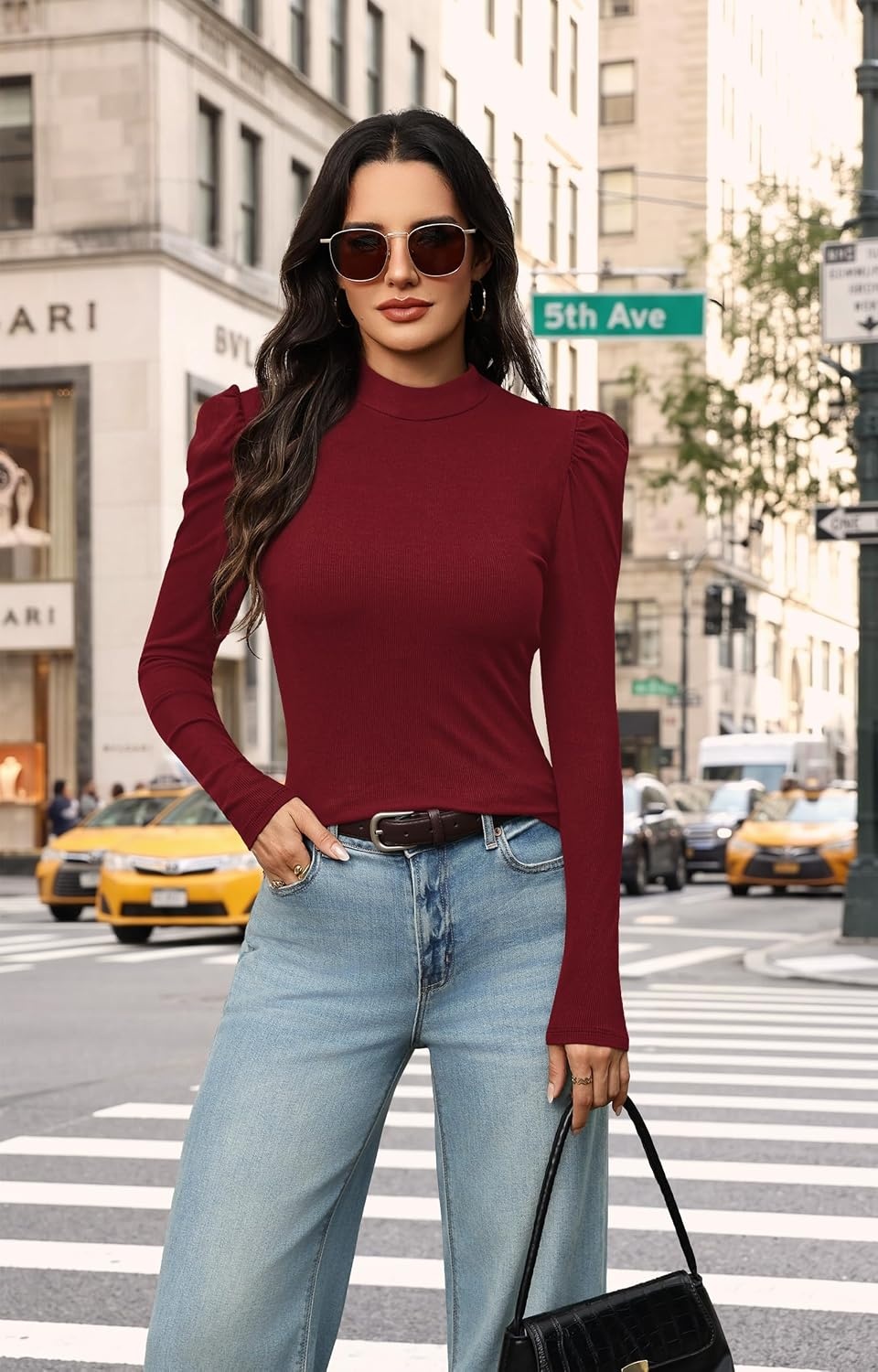 image:imageWIHOLL Long Sleeve Shirt for Women Puff Sleeve Knit Tops Casual 2026Burgundy
