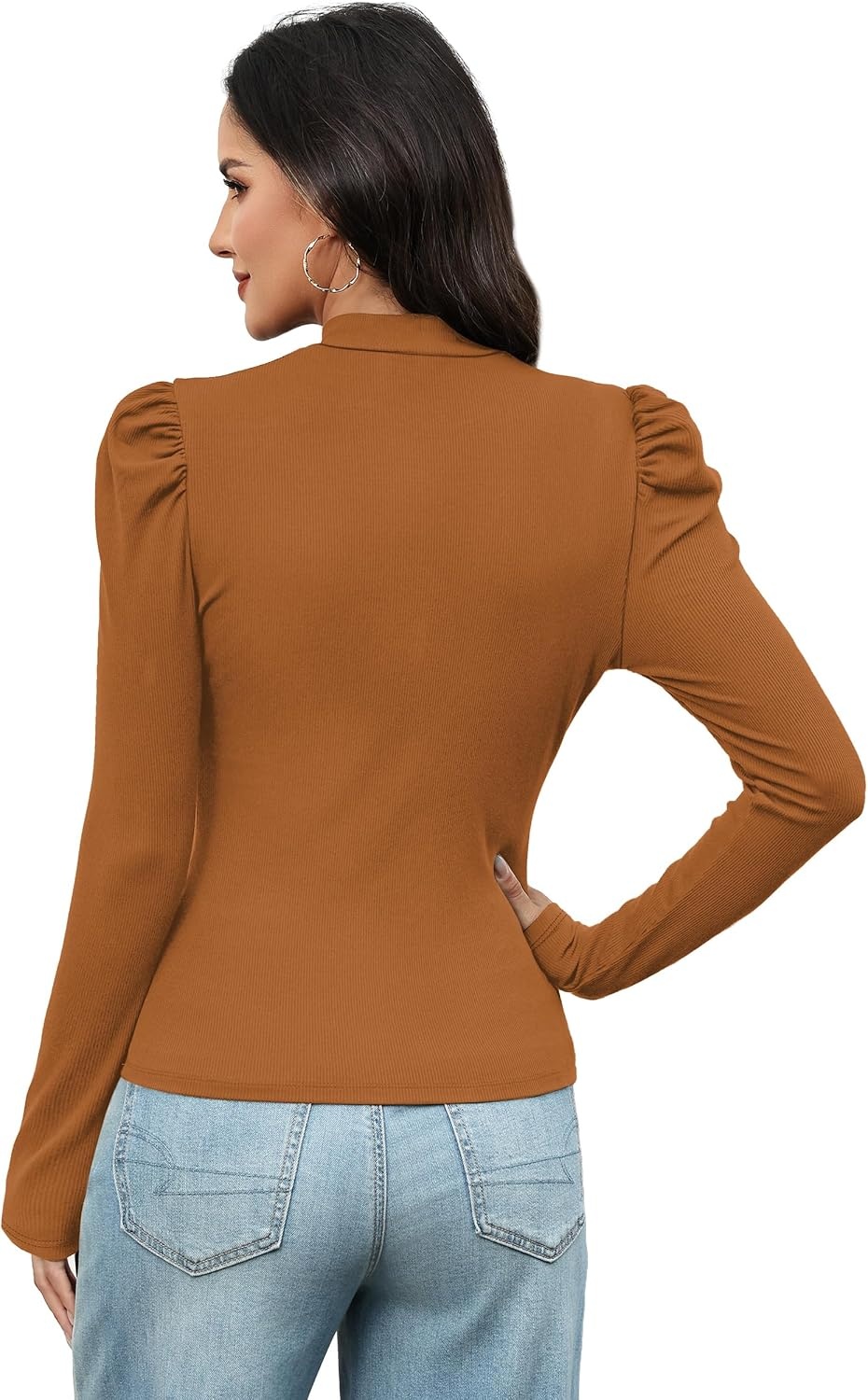 image:imageWIHOLL Long Sleeve Shirt for Women Puff Sleeve Knit Tops Casual 2026Caramel