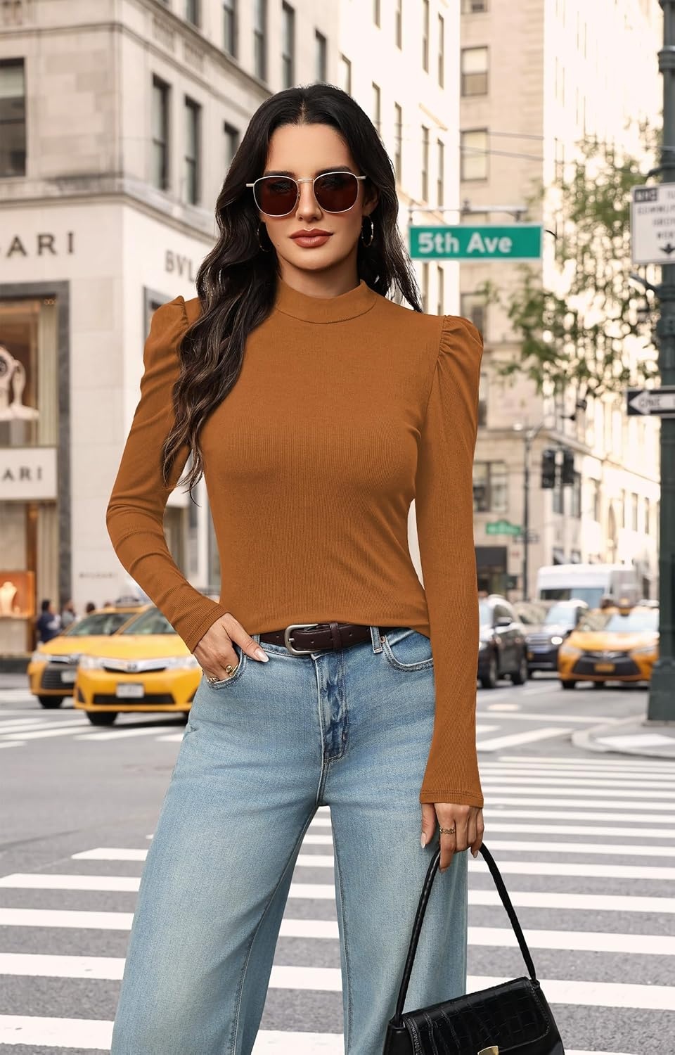 image:imageWIHOLL Long Sleeve Shirt for Women Puff Sleeve Knit Tops Casual 2026Caramel