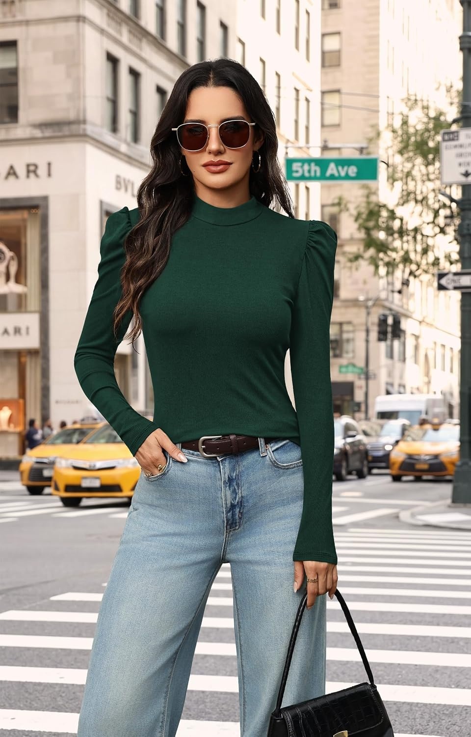 image:imageWIHOLL Long Sleeve Shirt for Women Puff Sleeve Knit Tops Casual 2026Green