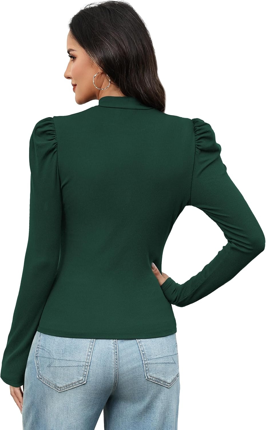 image:imageWIHOLL Long Sleeve Shirt for Women Puff Sleeve Knit Tops Casual 2026Green