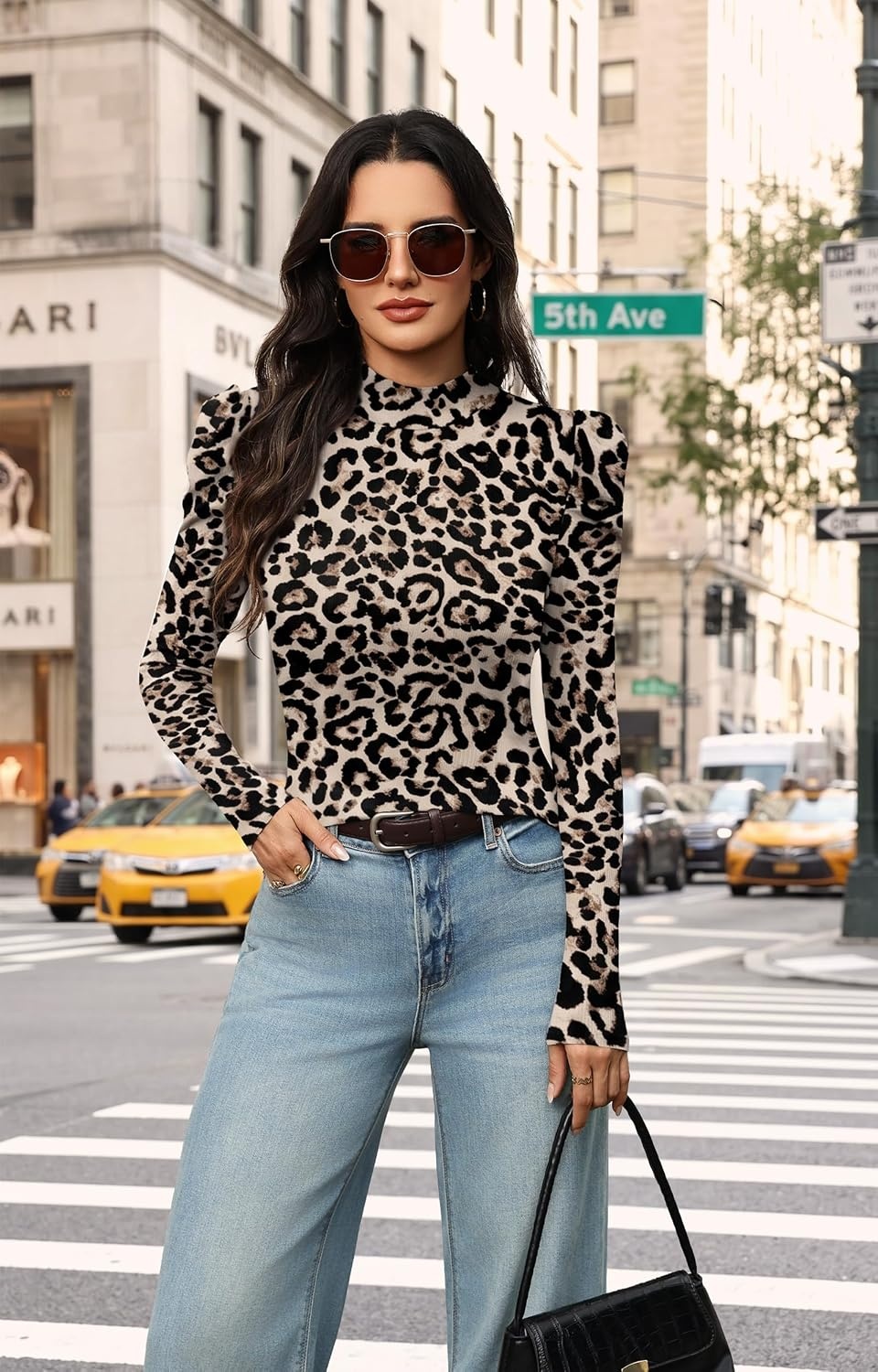 image:imageWIHOLL Long Sleeve Shirt for Women Puff Sleeve Knit Tops Casual 2026Leopard Prin