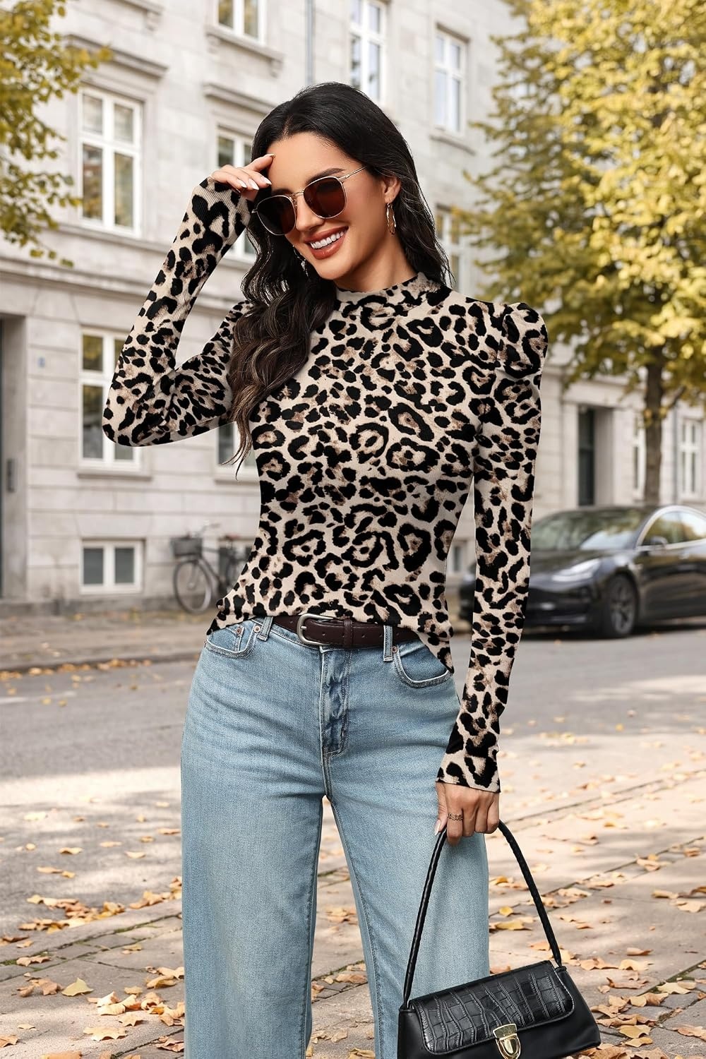 image:imageWIHOLL Long Sleeve Shirt for Women Puff Sleeve Knit Tops Casual 2026Leopard Prin