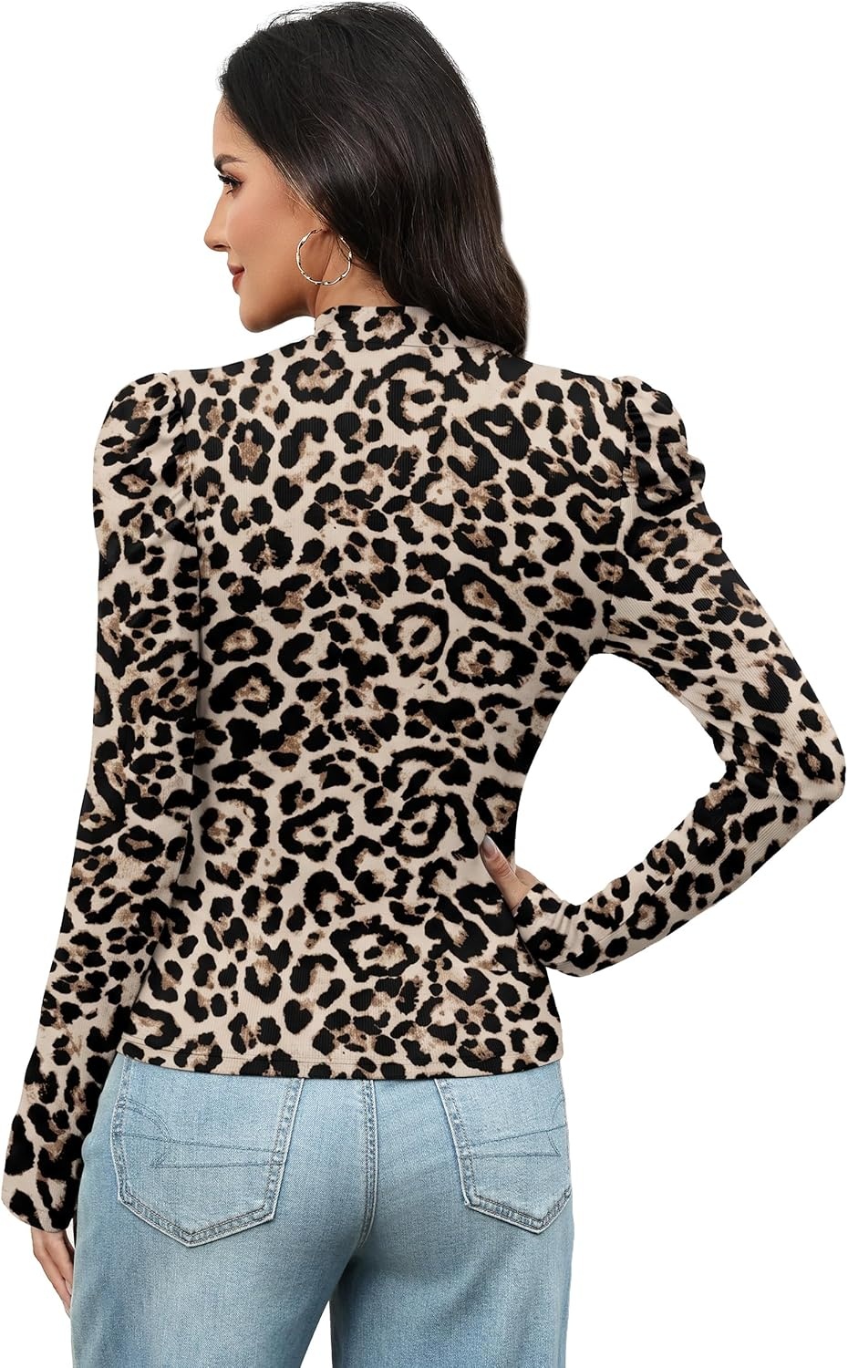 image:imageWIHOLL Long Sleeve Shirt for Women Puff Sleeve Knit Tops Casual 2026Leopard Prin
