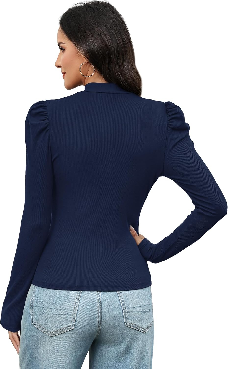 image:imageWIHOLL Long Sleeve Shirt for Women Puff Sleeve Knit Tops Casual 2026Navy Blue