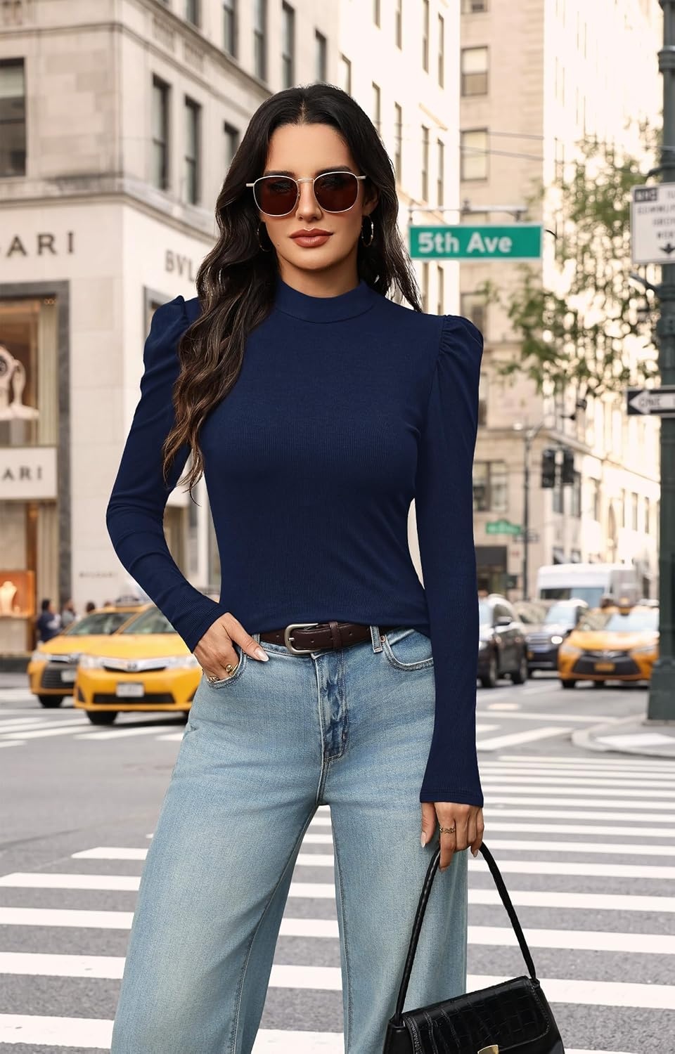 image:imageWIHOLL Long Sleeve Shirt for Women Puff Sleeve Knit Tops Casual 2026Navy Blue