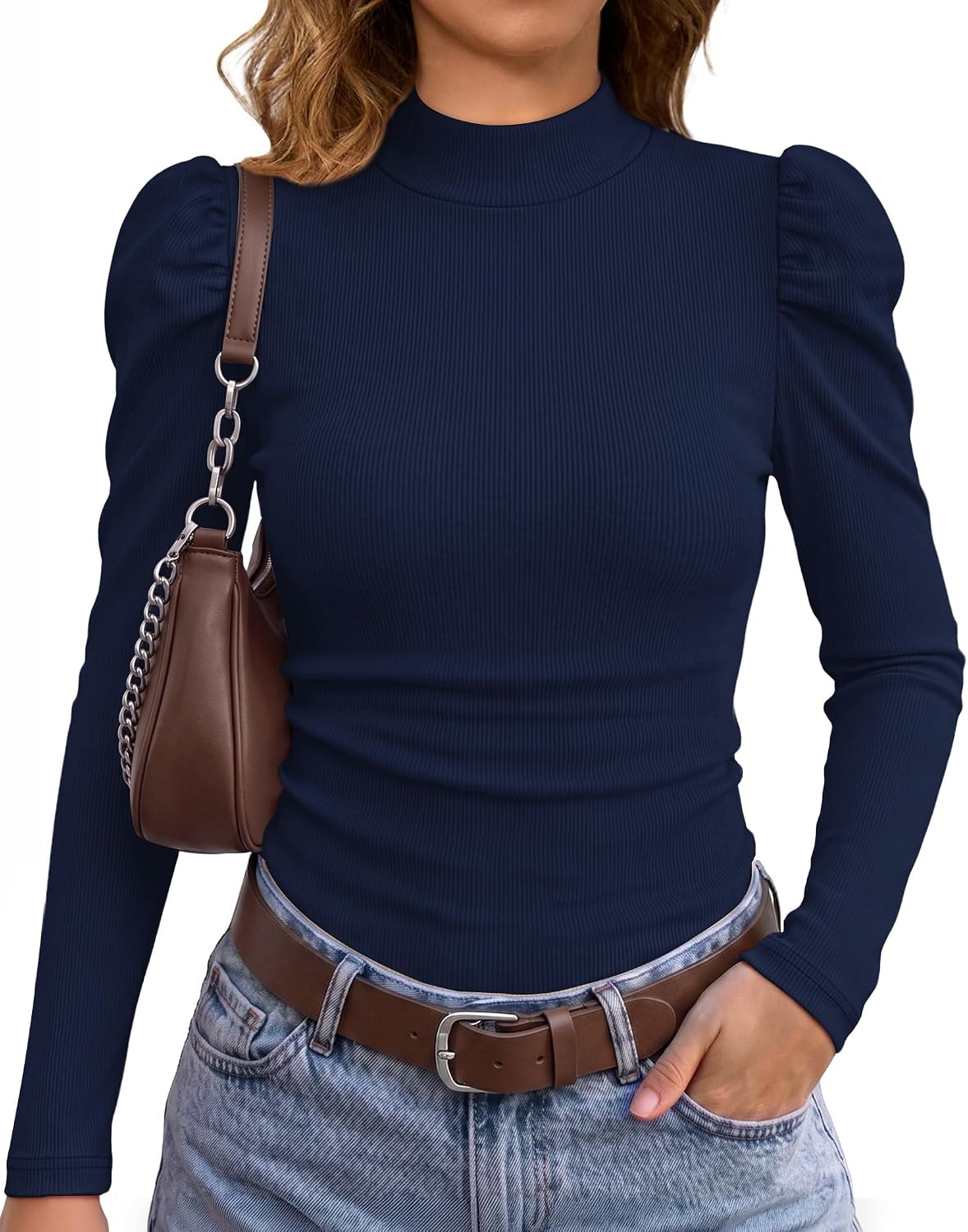 image:imageWIHOLL Long Sleeve Shirt for Women Puff Sleeve Knit Tops Casual 2026Navy Blue