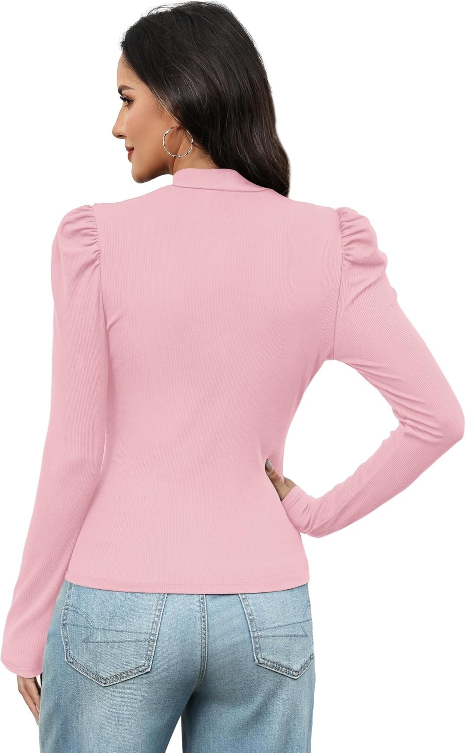 image:imageWIHOLL Long Sleeve Shirt for Women Puff Sleeve Knit Tops Casual 2026Pink